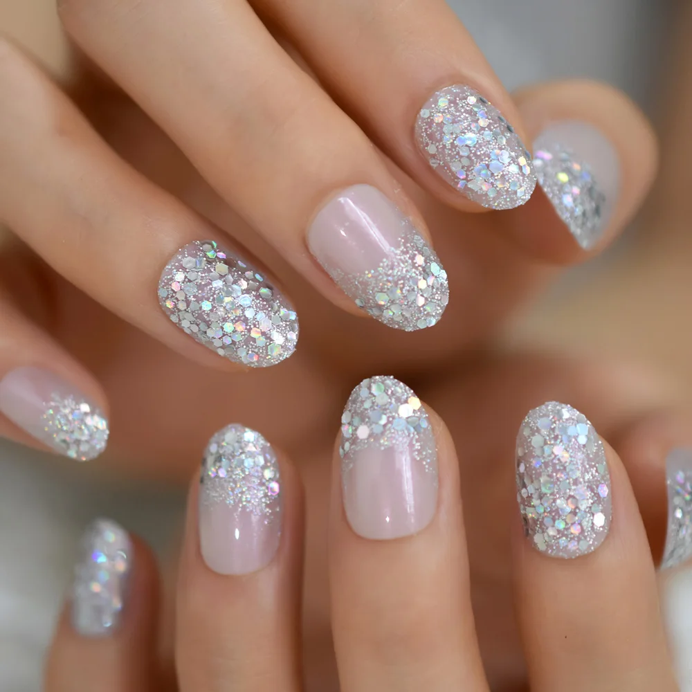 Holographic Glitter Ombre Press On Fake Nails Gradient Silver Glitter Oval  French False Nails Nude Pink Handmade Full Set Nails - False Nails -  AliExpress