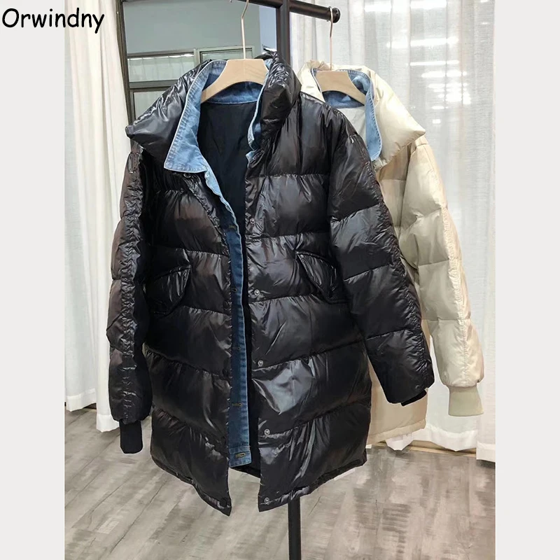 

Orwindny Autumn And Winter Women's Down Jacket White Duck Down Coat New Loose Casual Denim Spliced Female Jacket Down Overcoat