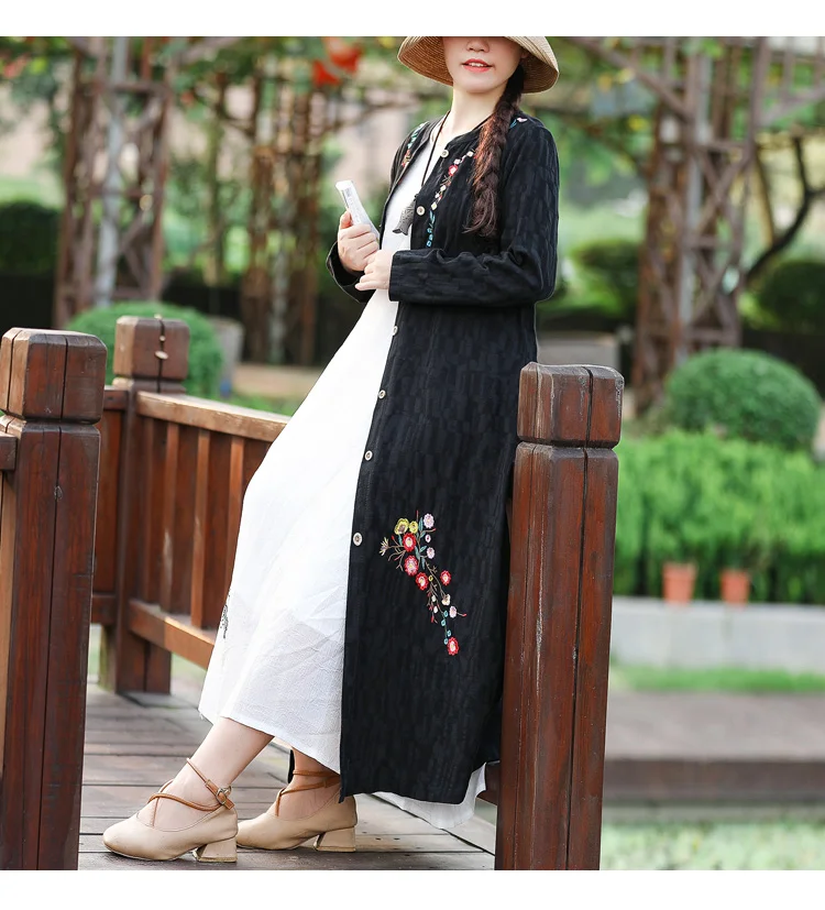 Autumn Clothing New Style Jacquard Embroidered Cotton Linen Retro Cardigan Elegant Large Size Mid-length Women's