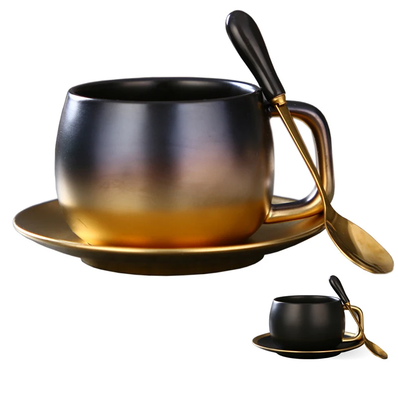 

New Luxury Black Hole Style New Matt Black Gold Champagne Coffee Cup Set Table Decoration Unique Travel Couple Tea Cups and Mugs