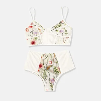 

Embroidered Lace Sexy Fashion Women Bra Underwear V-Neck Floral Push Up Lingerie Set Black Crop Top And Panties Set Set Dropship