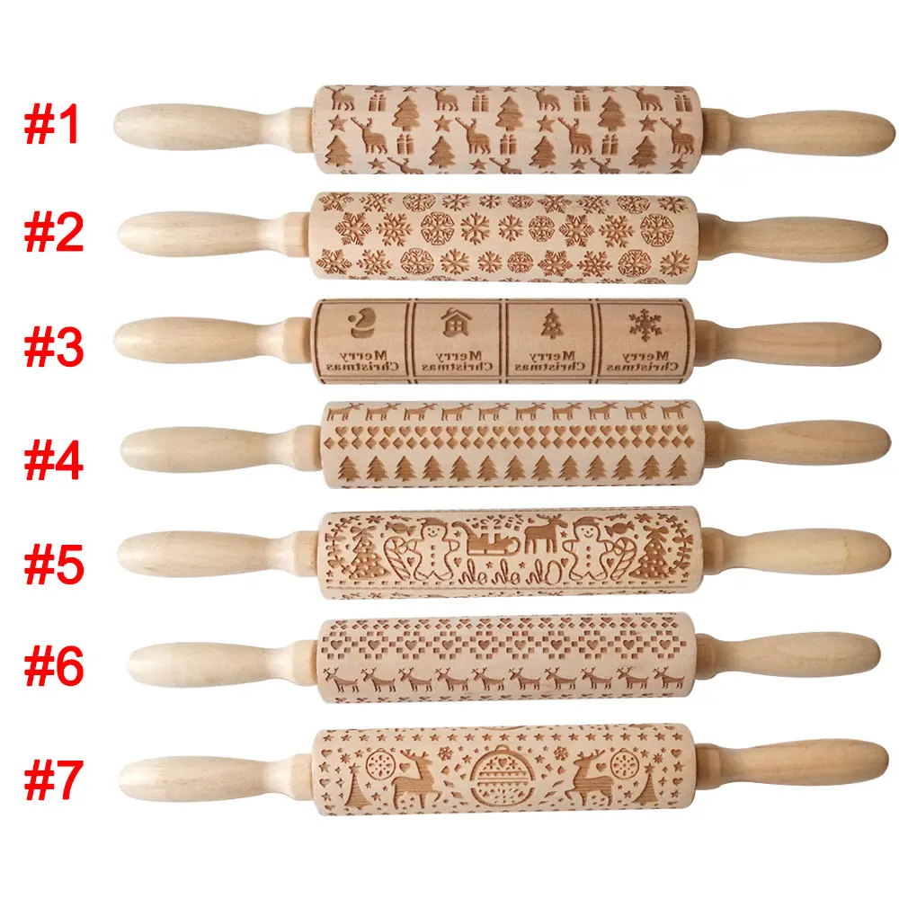 Creative Baking Christmas DIY Kitchen Tool Cookies Embossing Rolling Pin Wooden Wood Embossed Stick Roller Party