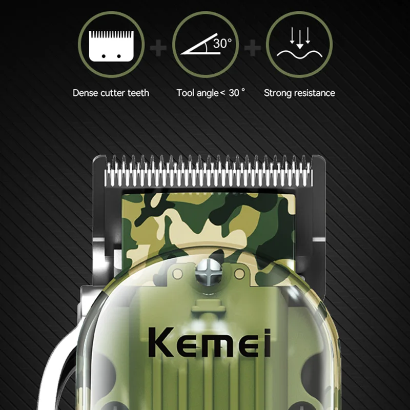 Kemei-プロのバリカン,透明な緑色のコードレスシェーバー,充電式,フェードブレード付き