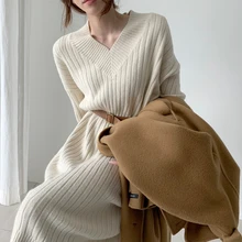 

2021New pattern Women Autumn Winter Sexy V Neck Long Sleeve Knitted Sweater Dress Long Sleeve Straight Cozy