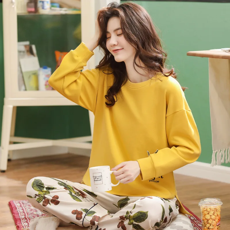 Hot Selling Autumn And Winter New Style Pajamas Women's Knitted Pure Cotton Long-sleeved Pullover Trousers Tracksuit Casual