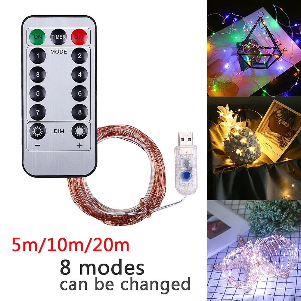 

20M USB Led String Lights with Remote Control Silver Copper Wire Fairy Light for Wedding Xmas Christmas Holiday Bedroom Decor