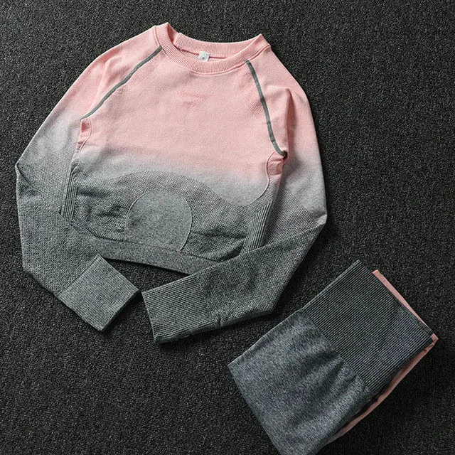 Darkgray2PcsSet Женский комплект для йоги, одежда для спортзала, Омбре, бесшовные градиентные леггинсы+ Топ с длинным рукавом, спортивный костюм для тренировок, Женский комплект для фитнеса, одежда для активного отдыха - Цвет: Darkgray2PcsSet