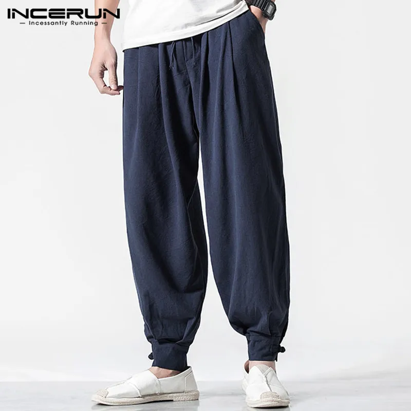 INCERUN Vintage Mens Harem Pants Cotton 2019 Joggers Streetwear Solid Baggy Elastic Waist Casual Trousers Men 3