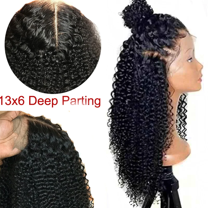 Deep Part Mongolian Afro Kinky Curly Human Hair Wig 13X6 Natural Black Lace Front Wigs For Women Pre Plucked Baby | Шиньоны и парики