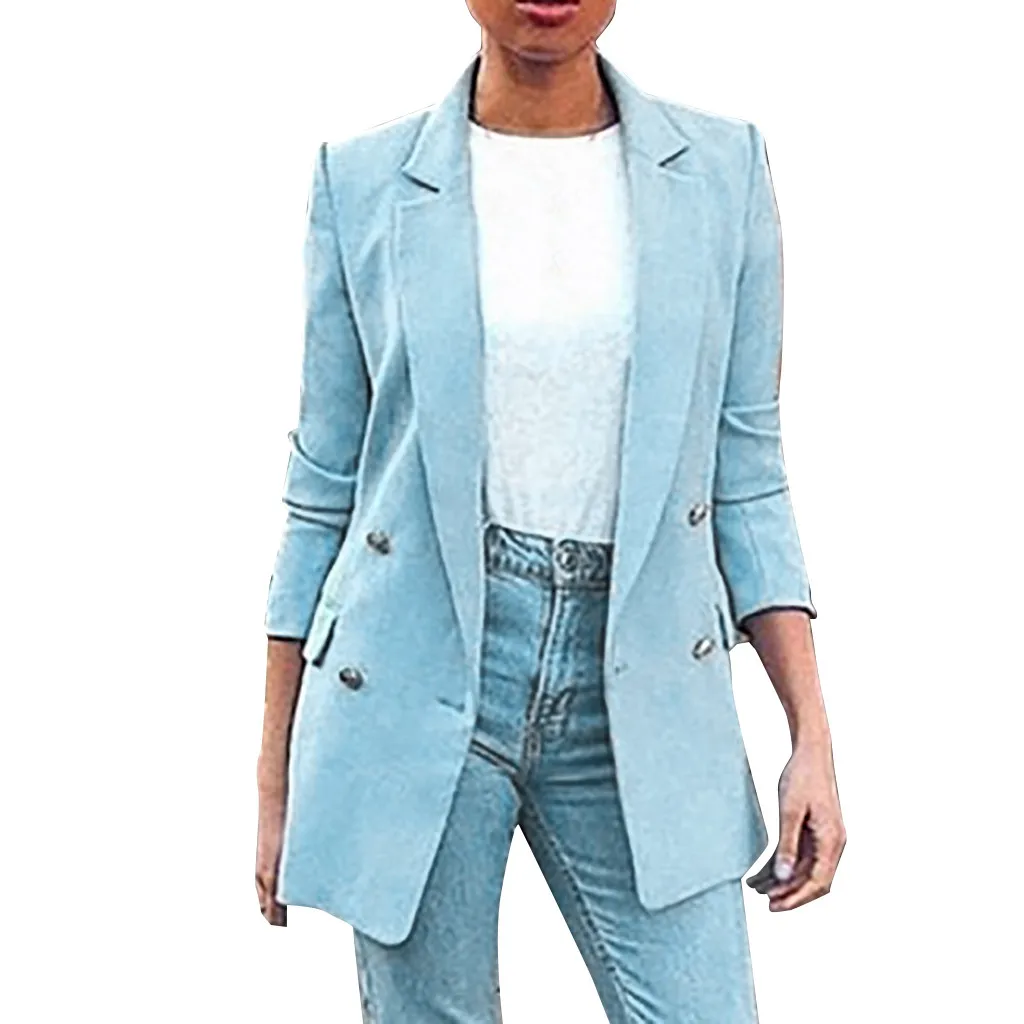 Повседневный костюм для женщин, базовый Зубчатый воротник, сплошные карманы, шикарные топы для офиса, Ретро стиль, на одной пуговице, пиджак размера плюс, Прямая поставка - Цвет: Blue