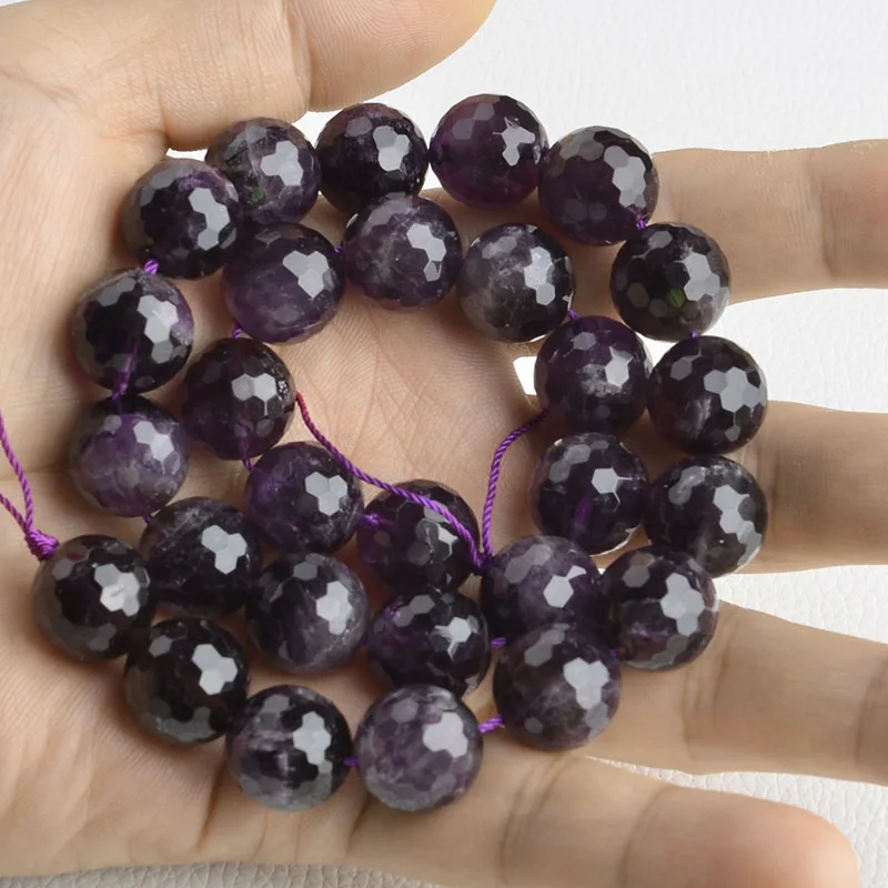 Natural Genuine Purple Amethyst Faceted 14mm Round Loose Beads 15