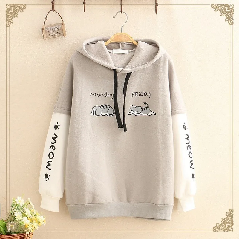 Grey hoodie Японский Мори девушка милый аниме для женщин толстовка Зима животных печатных теплый флис подростков Kawaii Cat графический серый с капюшоном - Цвет: Grey hoodie
