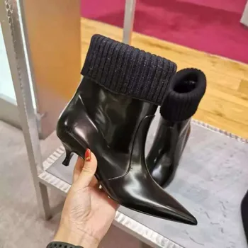 

Ankle Boots Ladies Leather Boots Women Short Bota Feminina Brand Shoes Women Slip on Heel Boots Pointed Toe Botas Mujer 2019