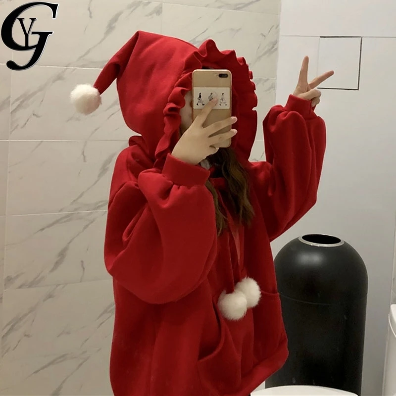 

2020 New Year Oversize Christmas Hoodie Women Harajuku Kawaii Pockets Hoodies Women Hoody casual solid women pullover sudaderas