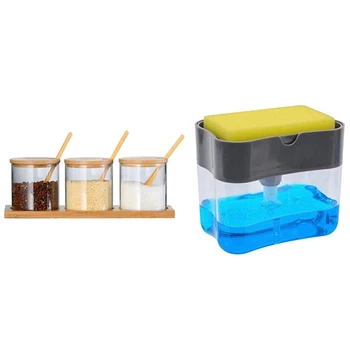 

for Kitchen + Sponge Holder 2-In-1 Dish Soap Dispenser & Sealed Tank Three-Piece Set with Bamboo Lid and Tray