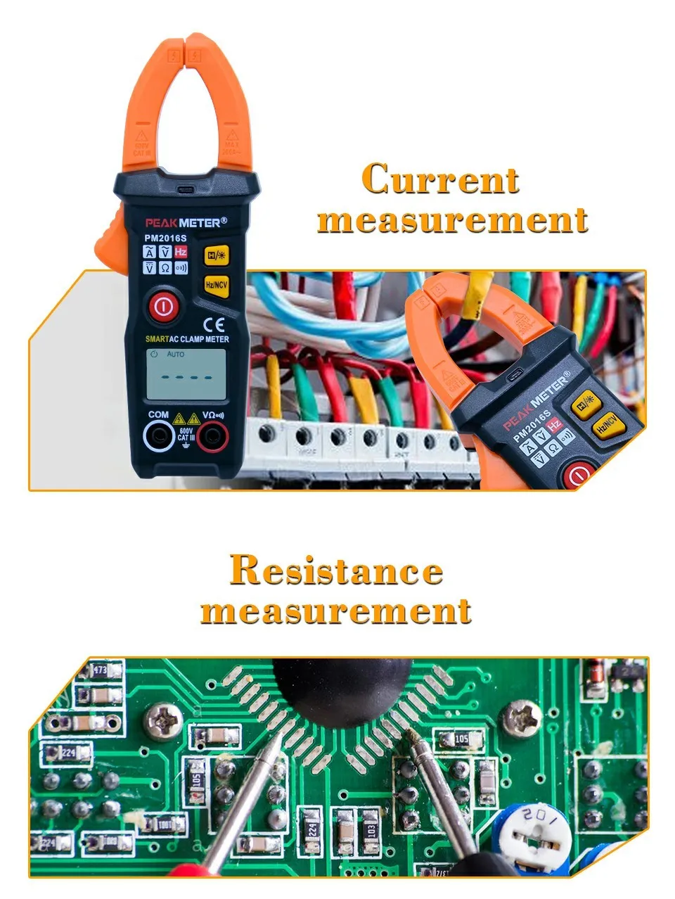 PEAKMETER PM2016S умный мини цифровой AC клещи мультиметр с сопротивлением частоты удержания данных NCV тестер