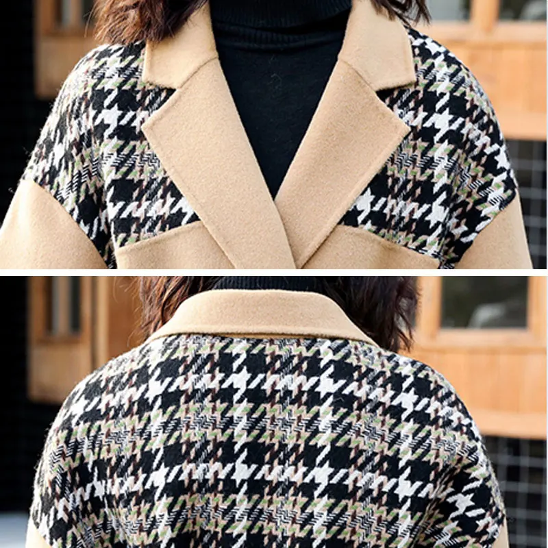 New Women Warm Winter Cashmere Coat Ladies Work Office Elegant Vintage Plaid Long Wool Blends Coats Winter jacket manteau femme