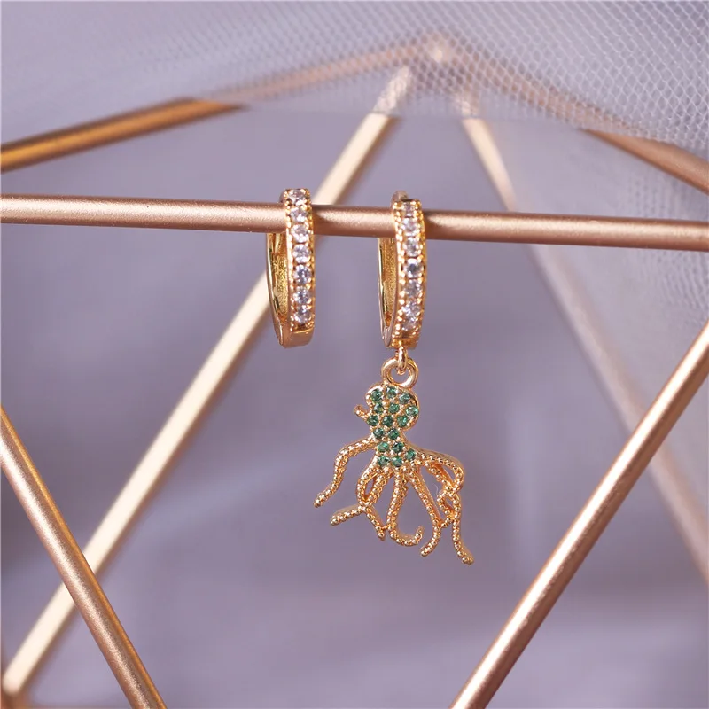 Octopus green Маленькие женские серьги-кольца, фианит, фламинго, морской конек, собака, дьявол, арбуз, осьминог, попугай, лимонный коктейль, радужные ювелирные изделия, золотой цвет, для детей - Окраска металла: Octopus green