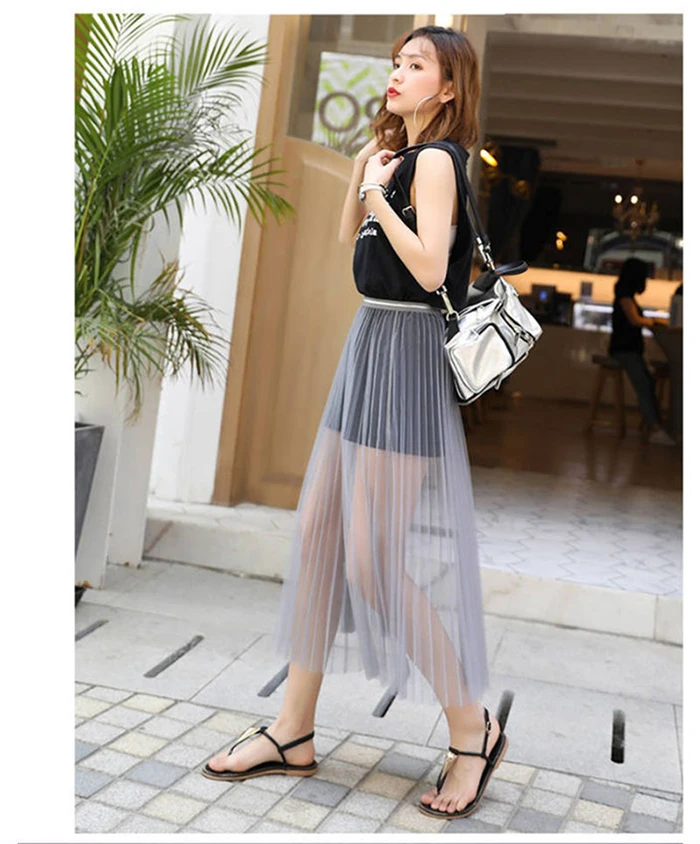 Women Sexy Mesh Lace Transparent Long Tulle Skirt Korean Fashion Summer Ladies Elastic High Waist Black White Beach Midi Skirt