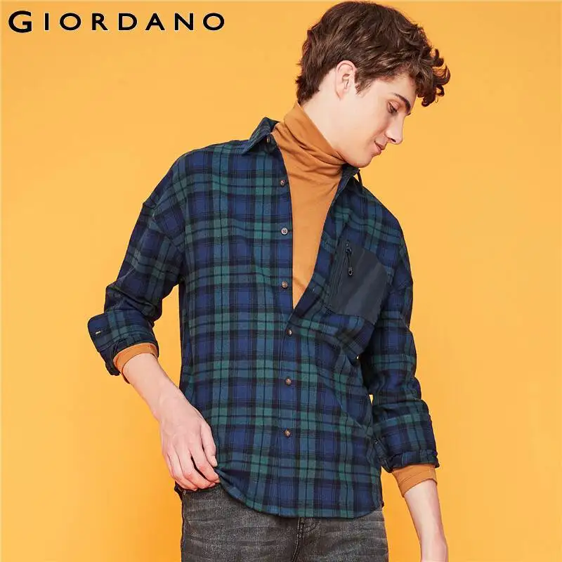 Giordano мужские рубашки фланелевые накладные карманы на молнии с длинным рукавом рубашки мужские хлопковые слегка толстые Camisa Masculina 13049802
