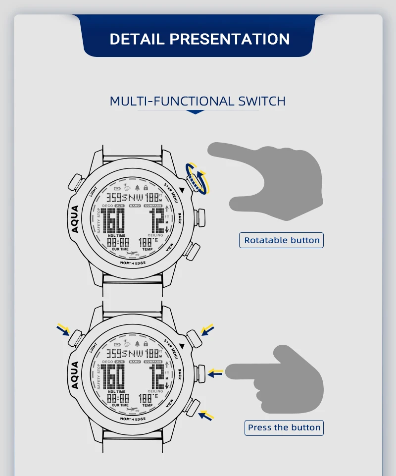 Men‘s Dive Computer Watch Waterproof 100M Smart Digital Free/Scuba Diving Watches Altimeter Barometer Compass Temperature Clock