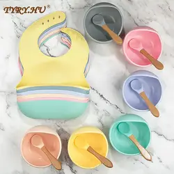 1set Silicone Bib Feeding Set Baby Bowl Tableware Waterproof Spoon Non-Slip BPA Free Silicone Portable Tableware for Children