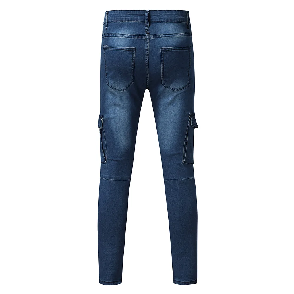 Модные мужские повседневные обтягивающие узкие однотонные прямые джинсы с карманами на молнии