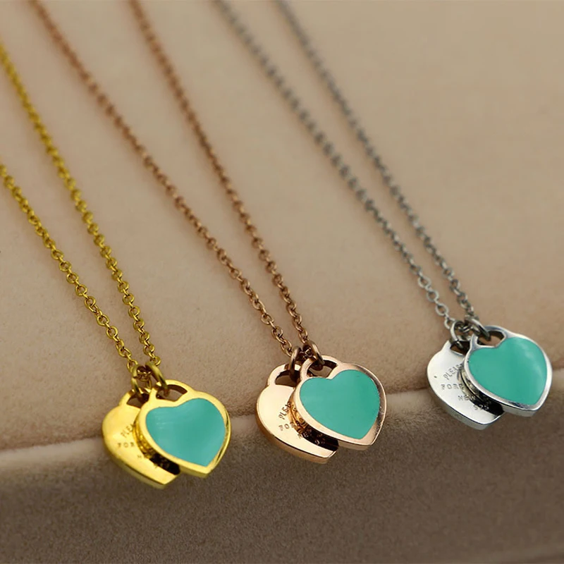 

Luxury Brand"FOREVER LOVE" Double Heart Stamp Pendant Necklace Choker Enamel For Women Jewelry Party Gift Green/Pink Necklace