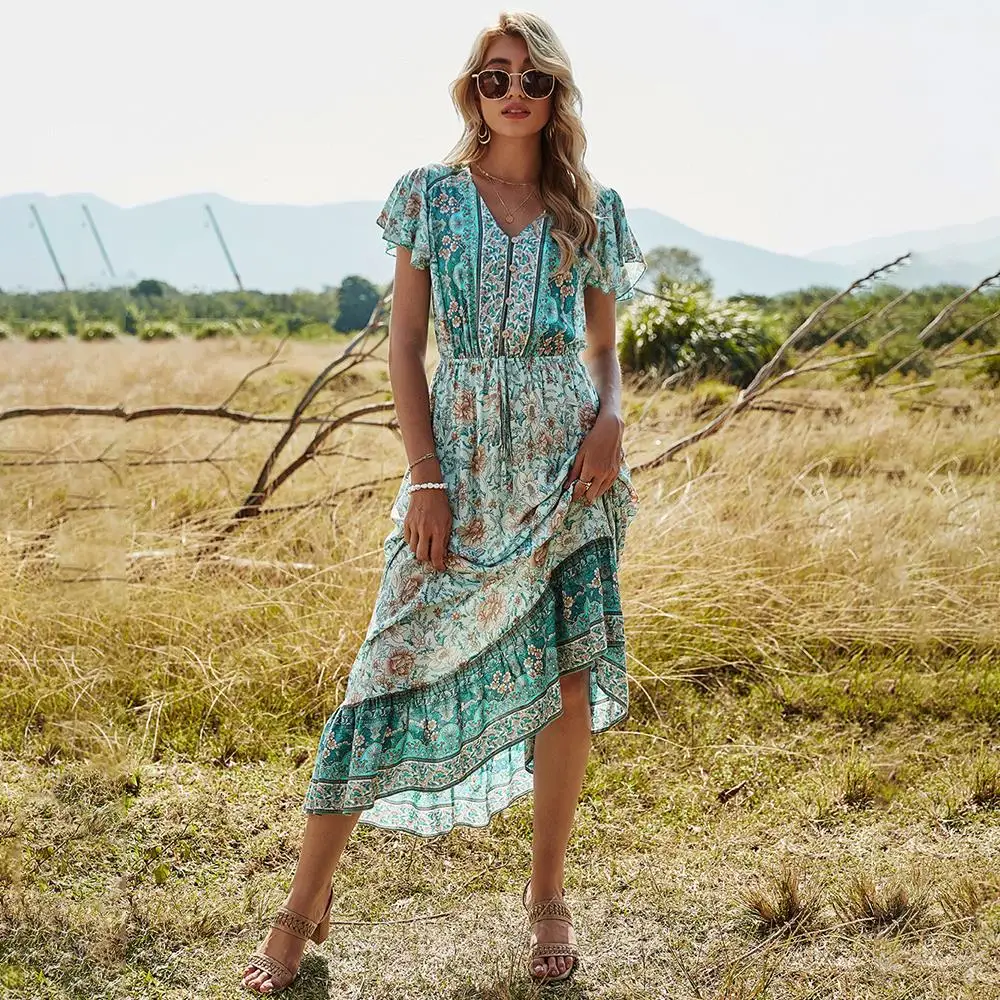 Robe Femme Decontracte Boho Vetements Femme Vert Patchwork Fleurie Imprimer Boheme Plage Ete Mode Col En V Boutons Longue Robe Chic 21 Nouveau Aliexpress