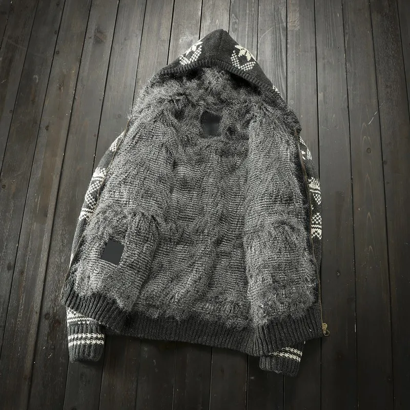 Толстый флисовый вкладыш осень зима теплый мужской вязаный с капюшоном Открытый