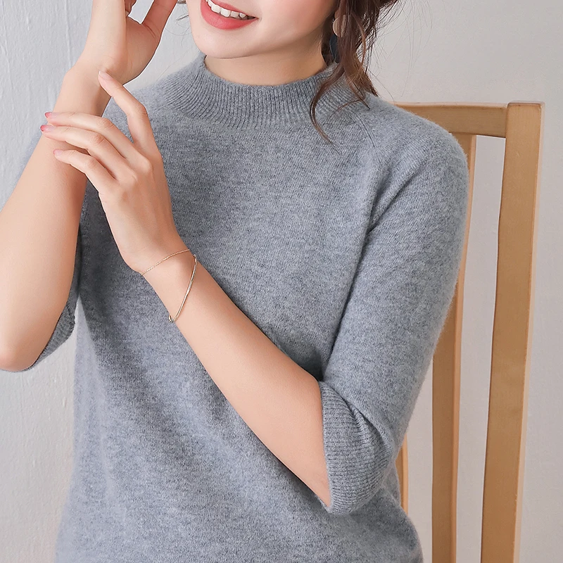 women sweater half sleeves crew neck real wool pullover warm spring outerwear casual fashion jumper basic shirt sweaters