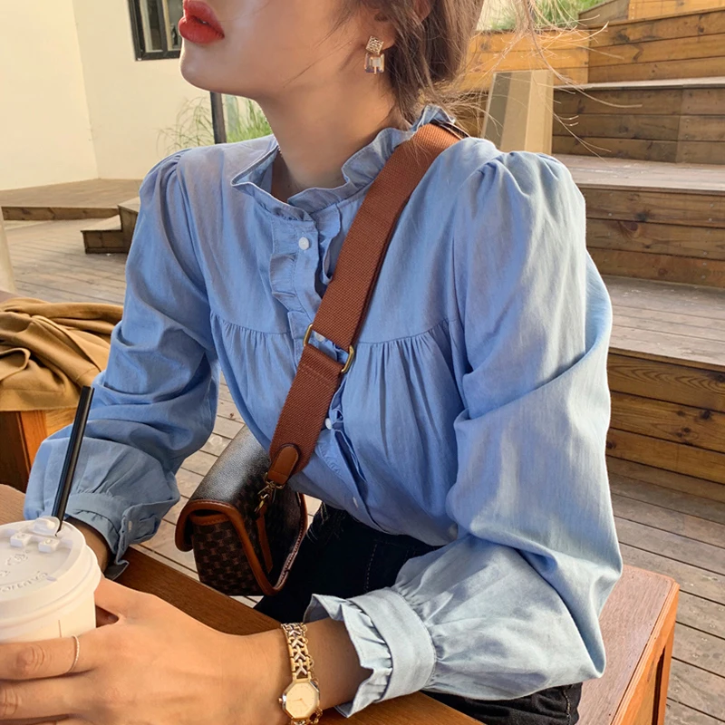 So Lovely Blue Ruched Hem Blouse Kawaii Retro Lady Shirt Women Top Autumn Princess Chemise Femme Chemisier Blusa Mujer Camisa