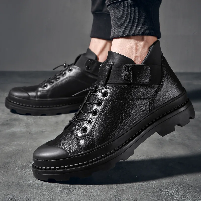 

2020 Spring New Style Men Martin Boots Short Full-grain Leather Lace-up British Style Trendy Shoes Large Size Mid-top MEN'S SHOE