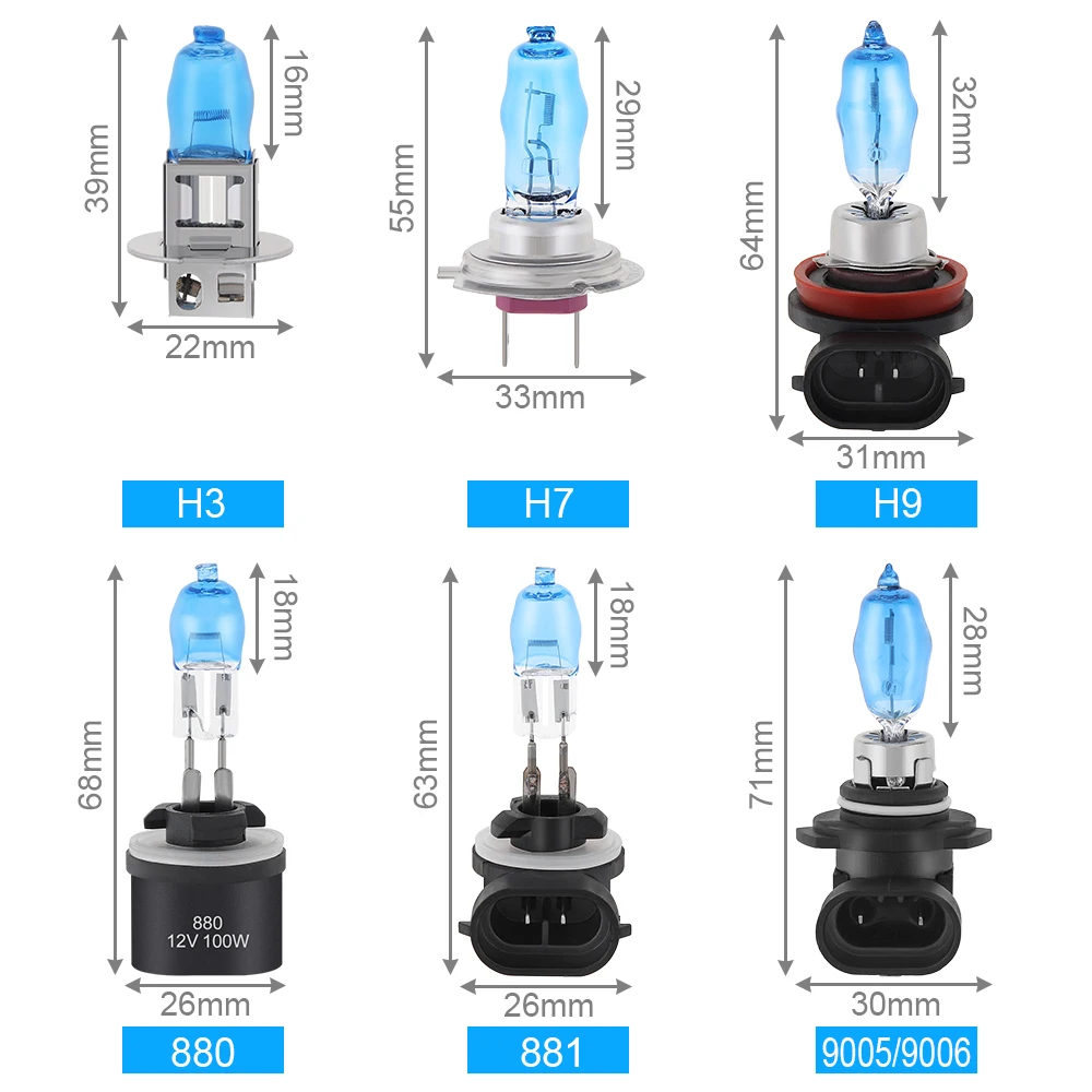 MovFlax H4 H7 H3 Car HOD Halogen Bulbs H9 H1 2 Pcs DC 12V 100W 6000K White Light Front Headlight Lamp Car Light Source Parking