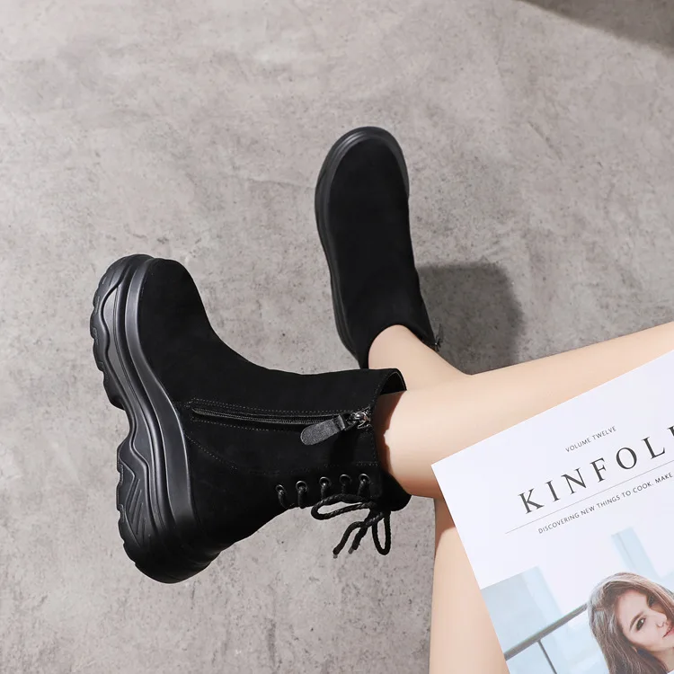 Najtaniej LMCAVASUN damskie buty do kostek jesień zima grube podeszwy ciepłe pluszowe buty na zimę botki dla kobiet oryginalne skórzane buty kobieta