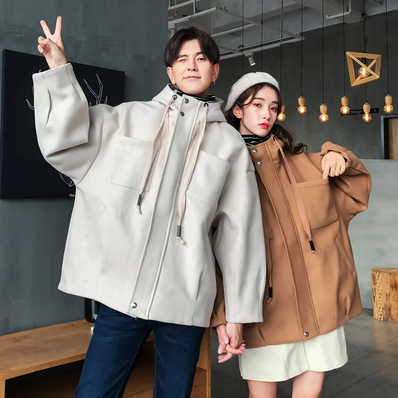 

Winter Woolen Coat Men's Warm Fashion Solid Color Casual Hooded Woolen Jacket Man Streetwear Wild Loose Overcoat Male Clothes