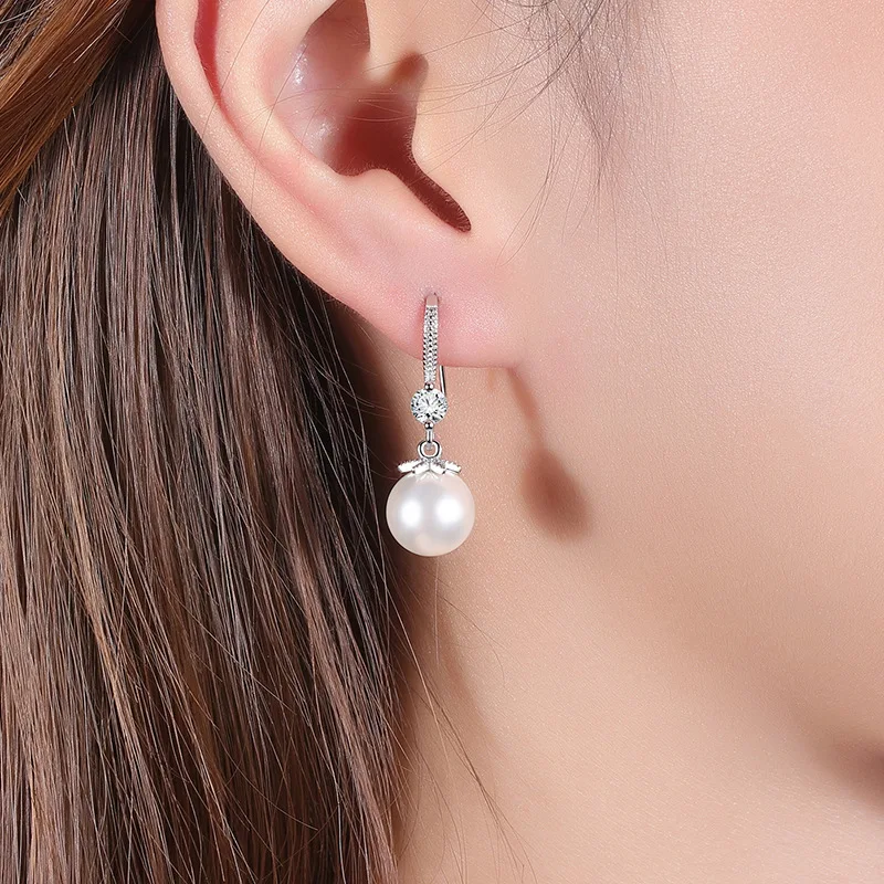 Imitation Pearl Dangle Earrings CZ Women Engagement Wedding Accessories dangle earrings,pearl earrings,drop earrings,pendant earrings,long earrings,crystal earrings