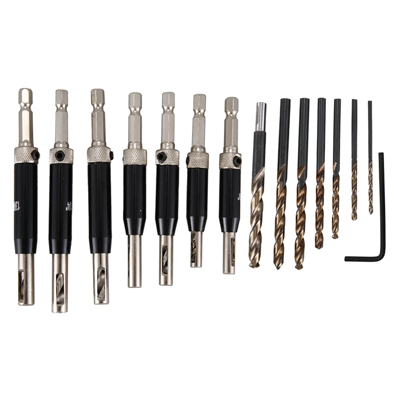 

HOT Self-Centering Lock Hinge Drill Bit Set, Hardware Drawer Guide Hole Setting for Stainless Steel Drill Bit-15Pcs