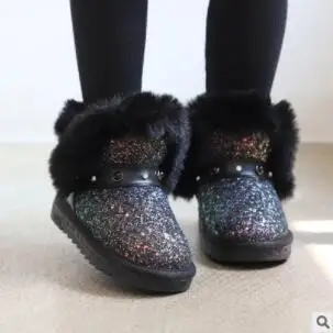 photo color Children snow boots girls rabbit fur boots sequin shoes baby shoes genuine leather cotton boots - Цвет: photo color