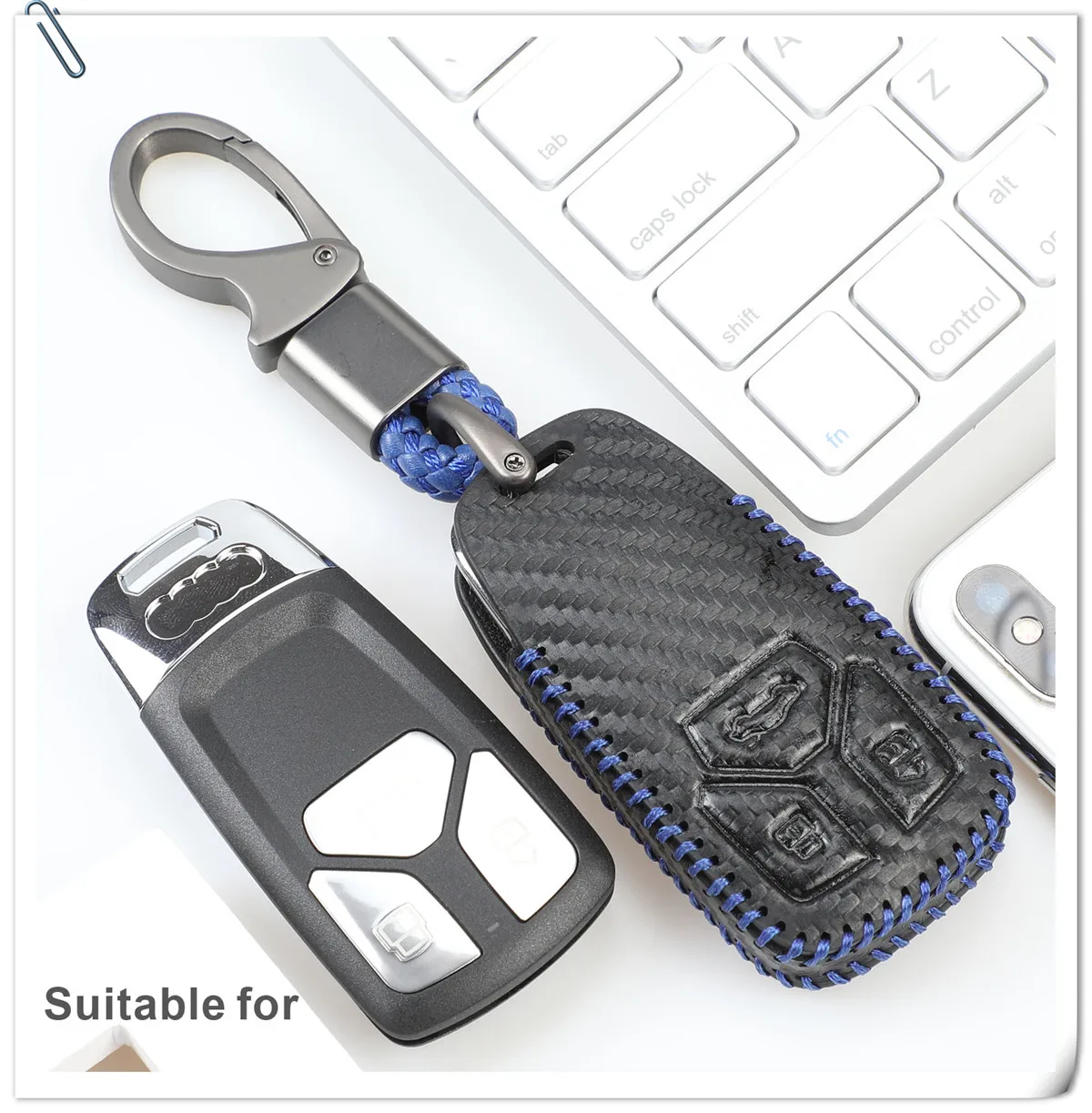 Keyforkess nuova custodia protettiva per chiave in pelle in fibra di carbonio per AUDI A4 B9 Q5 Q7 TT TTS 8S 2016 2017 Smart Remote Keyless Car Styling - Hd9bcff16bbf34fa4b38c8a55529be572r