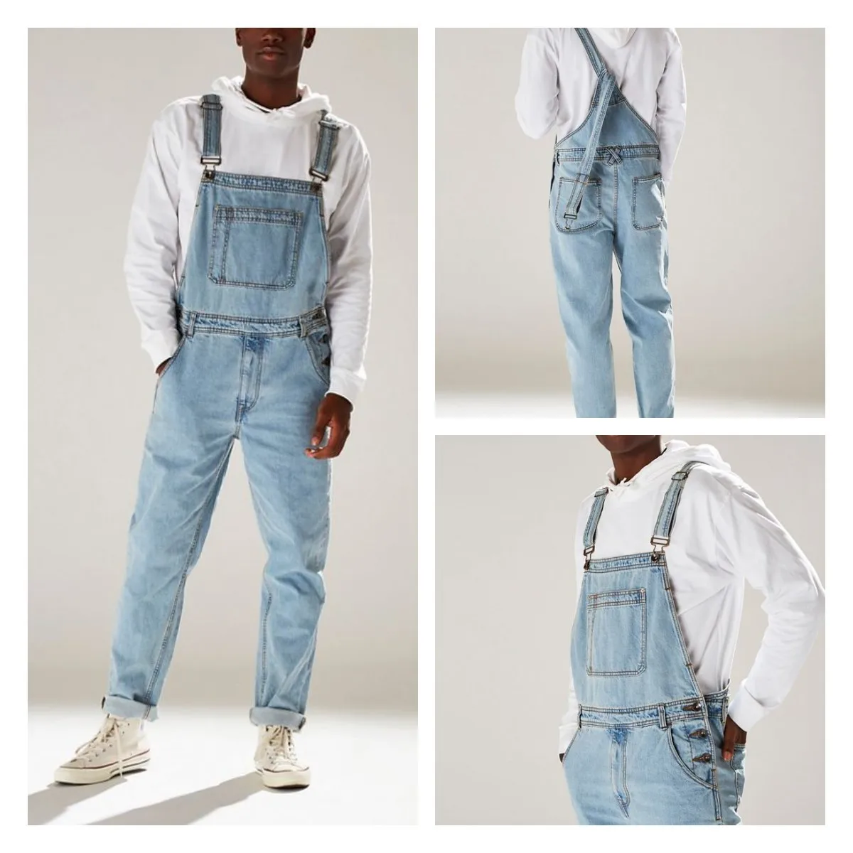 New Summer Men One-piece Jeans High Street Jumpsuit European And American Overalls Denim Jeans Large Size - -
