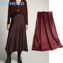 

Maxdutti england style office lady elegant simple satin shine silk midi skirt women faldas mujer moda long skirts womens