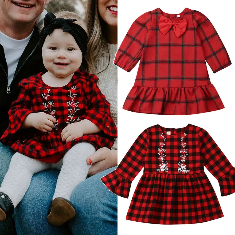 

Pudcoco 2019 Red Christmas Toddler Kids Baby Girl Long Sleeve Xmas Plaid Dress Casual Fall Clothes