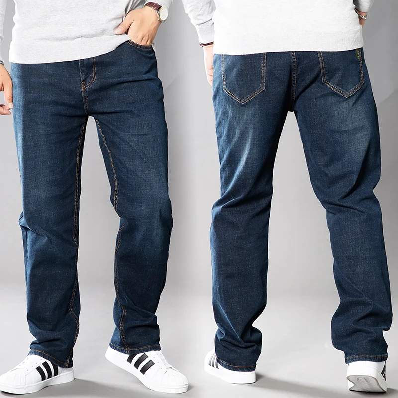 Navy blue Размер 42, 44, 46, 48, большие размеры, мужские джинсы, классические Стрейчевые широкие брюки, свободные, для полных ног, увеличивающие рост, прямые уличные джинсы - Цвет: Navy blue