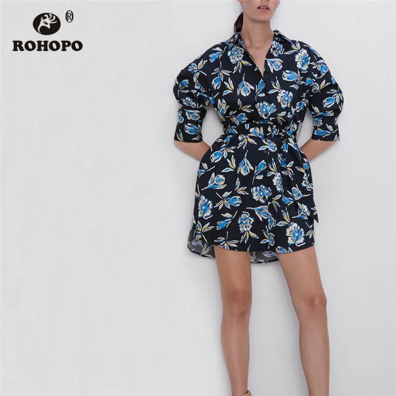 

ROHOPO Van Gogh Blue Iris Floral Black Dress Half Sleeve Buttons Fly Chic Belted Tee Mini Vestido #8966