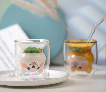 

Set of 2-300ml creative fashion animal dog print double layer heat proof home water glass transparent juice glass cups GLA-86