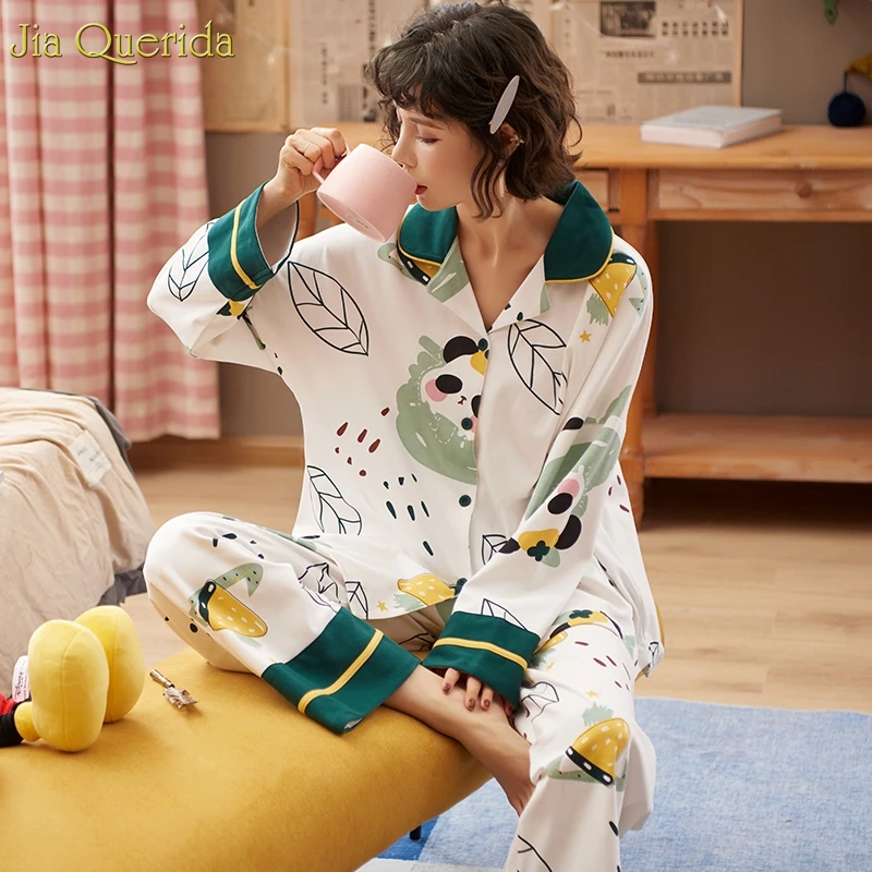 

Cartoon Pajamas Student's Pjs Panda Printing Chinese Style Pyjama Loose Size Free Pajamas Spring Fall Cotton Home Clothing Women