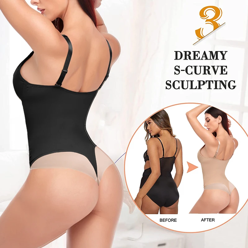 Bodysuit Shapewear Sexy Deep V-Neck Jumpsuit Top Body Shaper Slimming Underwear Thong Waist Trainer Women Padded Push Up Corset spanx bodysuit