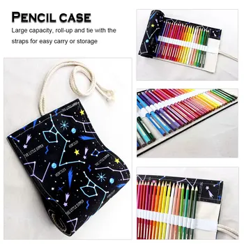 

36/48 Holes Big Capacity Pencil Case School Canvas Roll Pouch Colored Pencils Box Constellation Sketch Brush Pen Bag