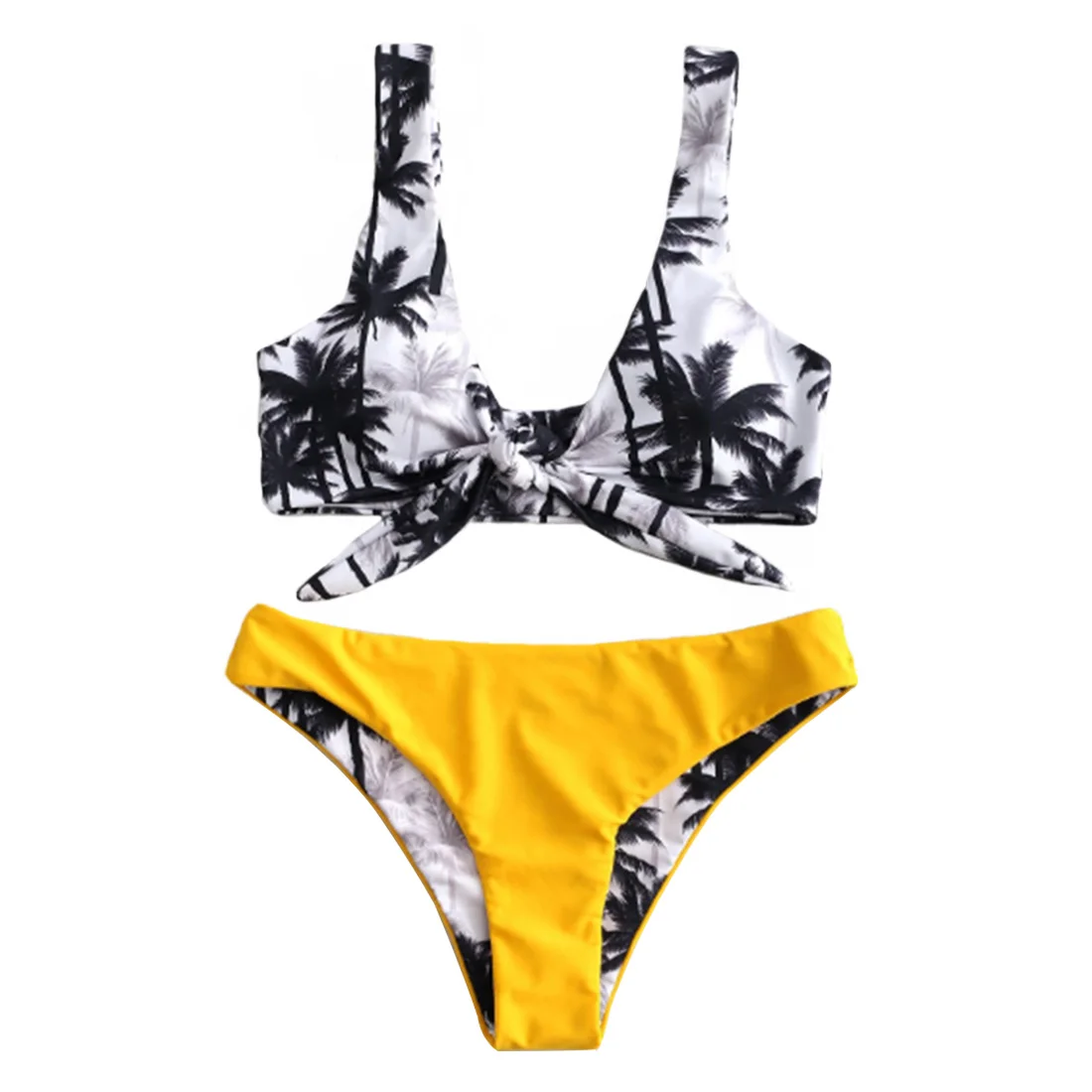 

High Cut Swimming Printed Padded Bra Split Swimsuit Soft Beach Bathing Suit Panties Sexy Summer Seaside Bikini Set Coconut Tree
